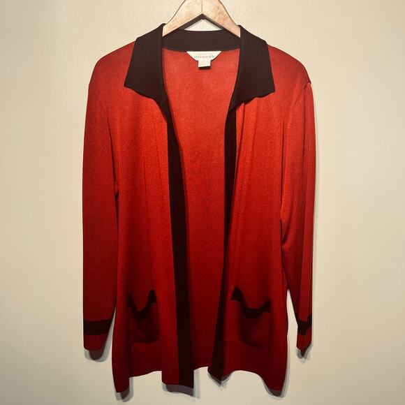 Exclusively Misook VTG Cardigan Jacket Knit Burgundy Red Black Pockets Office M - Picture 1 of 8